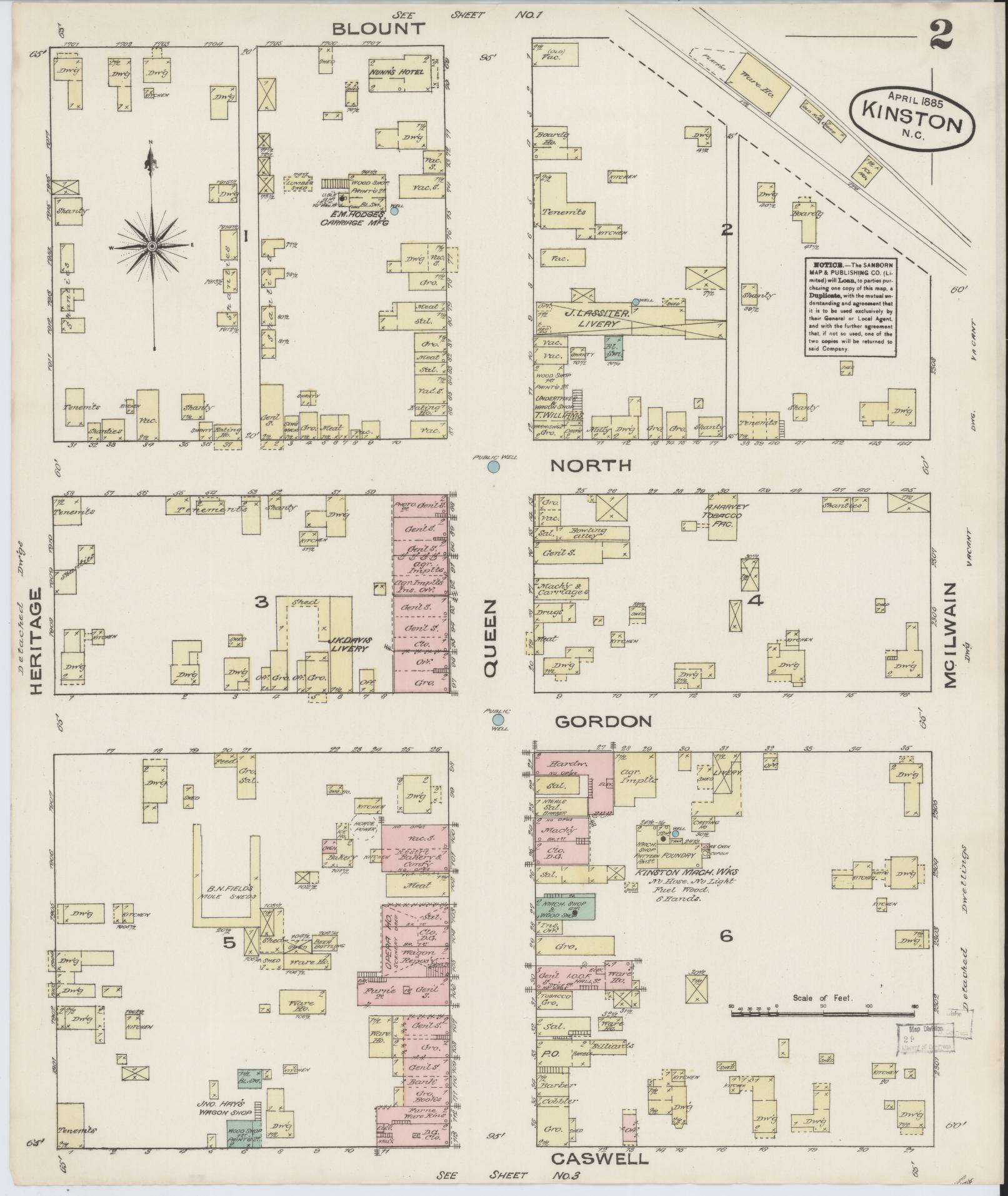 Sanborn Fire Insurance Map from Kinston, Lenoir County, North Carolina (1885), Sheet #0002 - Complete Map Set gallery image, historic Sanborn map, vintage wall art, North Carolina North Carolina