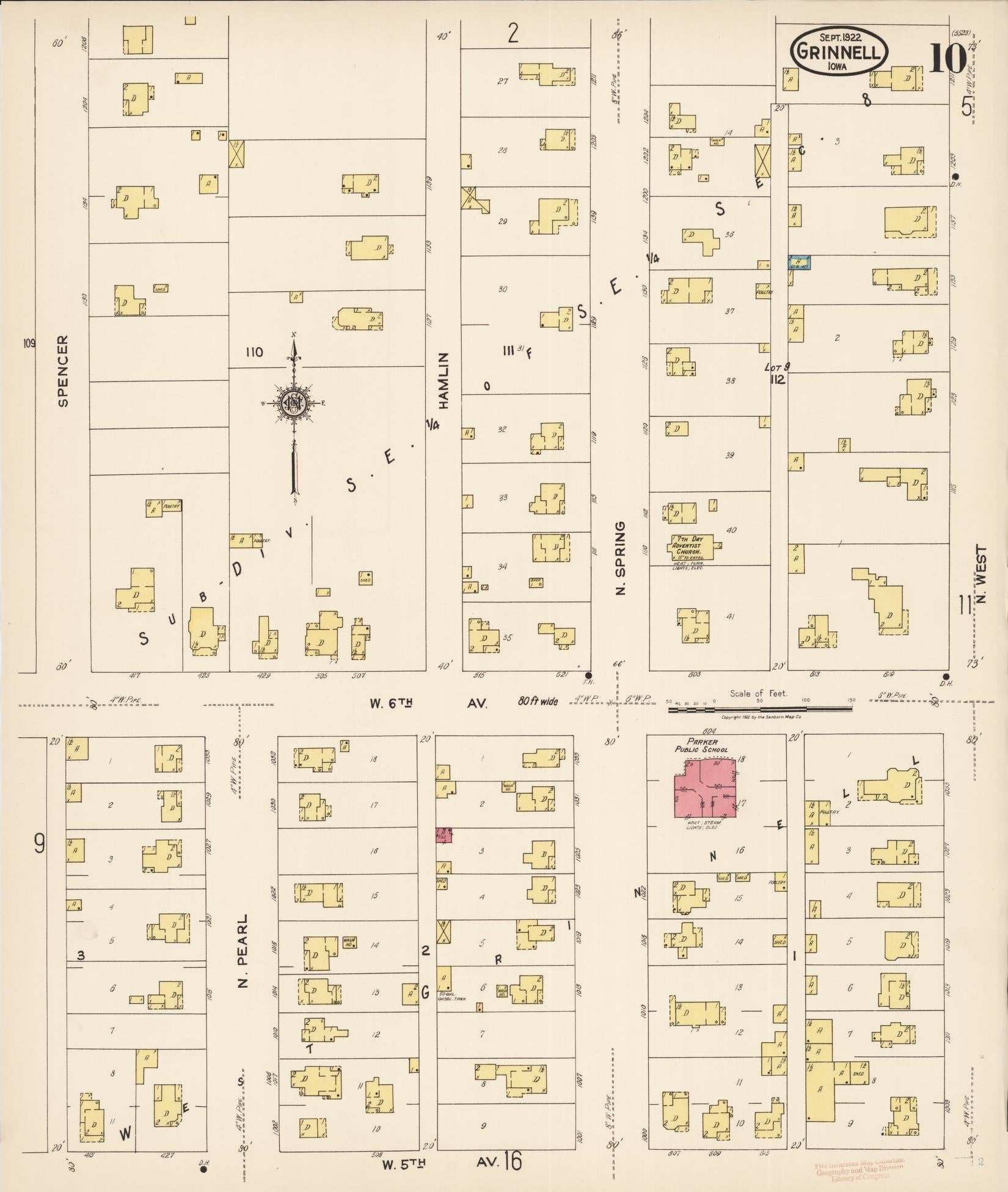 Sanborn Fire Insurance Map from Grinnell, Poweshiek County, Iowa (1922), Sheet #0010 - Historic Sanborn Fire Insurance Map Print, vintage old map wall art