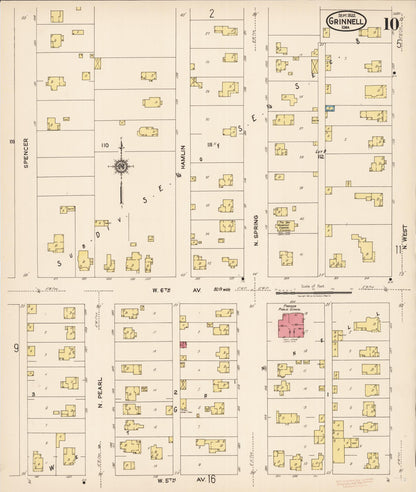 Sanborn Fire Insurance Map from Grinnell, Poweshiek County, Iowa (1922), Sheet #0010 - Historic Sanborn Fire Insurance Map Print, vintage old map wall art