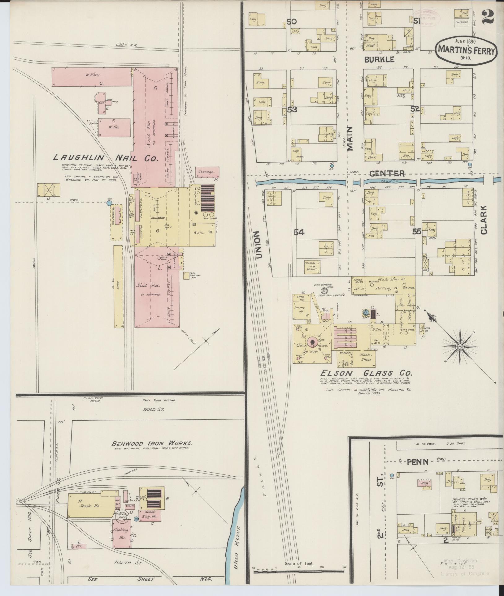 Sanborn Fire Insurance Map from Martins Ferry, Belmont County, Ohio (1890), Sheet #0002 - Historic Sanborn Fire Insurance Map Print, vintage old map wall art, antique decor, genealogy gift, Ohio Ohio map