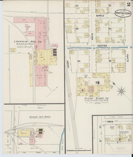 Sanborn Fire Insurance Map from Martins Ferry, Belmont County, Ohio (1890), Sheet #0002 - Historic Sanborn Fire Insurance Map Print, vintage old map wall art, antique decor, genealogy gift, Ohio Ohio map