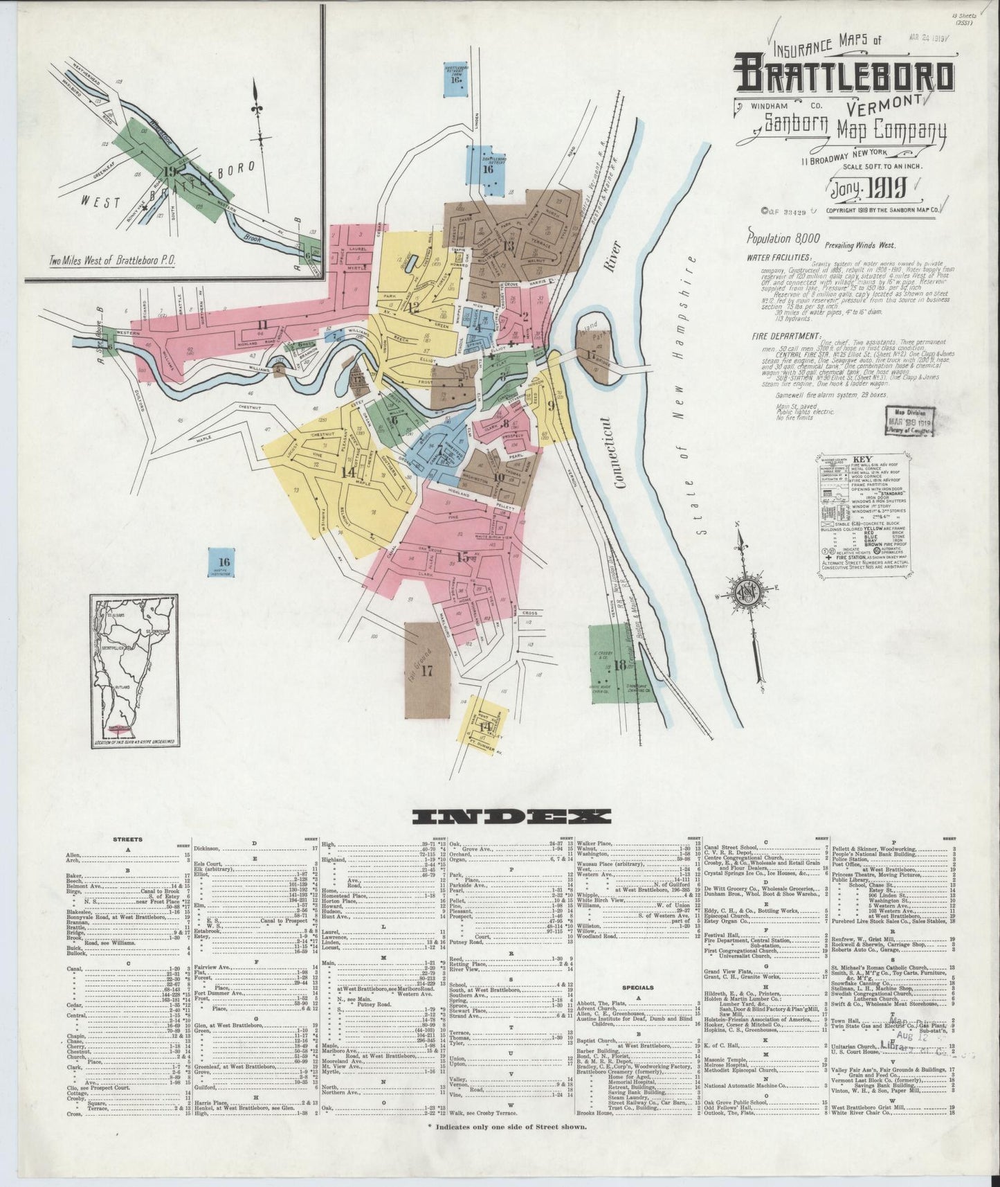 Sanborn Fire Insurance Map from Brattleboro, Windham County, Vermont (1919), Sheet #0001 - Historic Sanborn Fire Insurance Map Print, vintage old map wall art, antique decor, genealogy gift, Vermont Vermont map