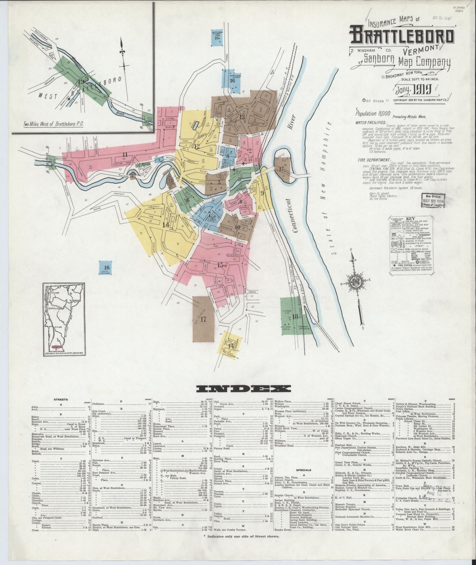 Sanborn Fire Insurance Map from Brattleboro, Windham County, Vermont (1919), Sheet #0001 - Historic Sanborn Fire Insurance Map Print, vintage old map wall art, antique decor, genealogy gift, Vermont Vermont map
