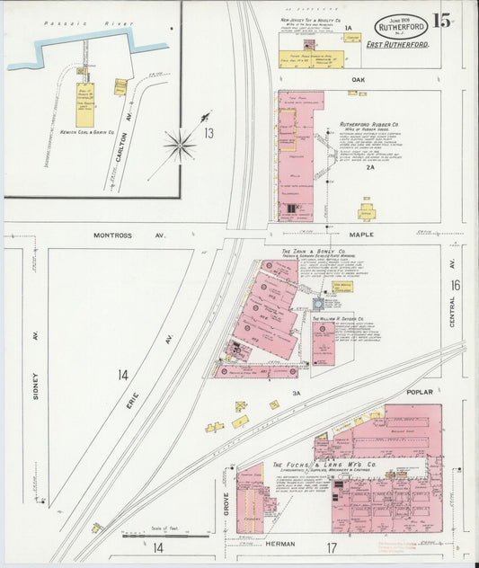 Sanborn Fire Insurance Map from Rutherford, Bergen County, New Jersey (1909), Sheet #0015 - Historic Sanborn Fire Insurance Map Print, vintage old map wall art, antique decor, genealogy gift, New Jersey New Jersey map