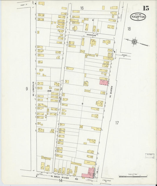 Sanborn Fire Insurance Map from Hampton, Independent Cities, Virginia (1916), Sheet #0015 - Historic Sanborn Fire Insurance Map Print, vintage old map wall art, antique decor, genealogy gift, Virginia Virginia map