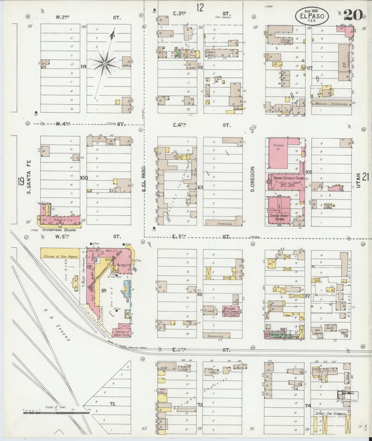 Sanborn Fire Insurance Map from El Paso, El Paso County, Texas (1900), Sheet #0020 - Historic Sanborn Fire Insurance Map Print, vintage old map wall art, antique decor, genealogy gift, Texas Texas map