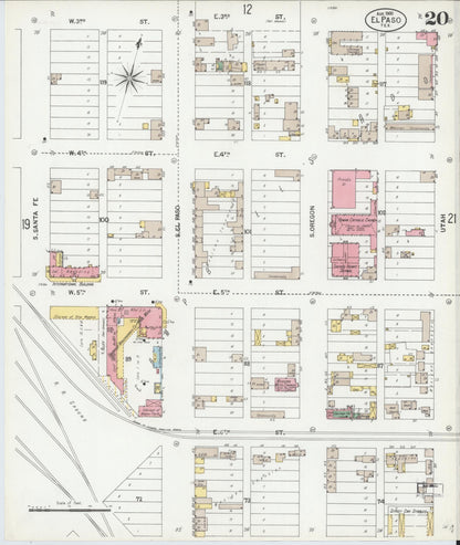 Sanborn Fire Insurance Map from El Paso, El Paso County, Texas (1900), Sheet #0020 - Historic Sanborn Fire Insurance Map Print, vintage old map wall art, antique decor, genealogy gift, Texas Texas map