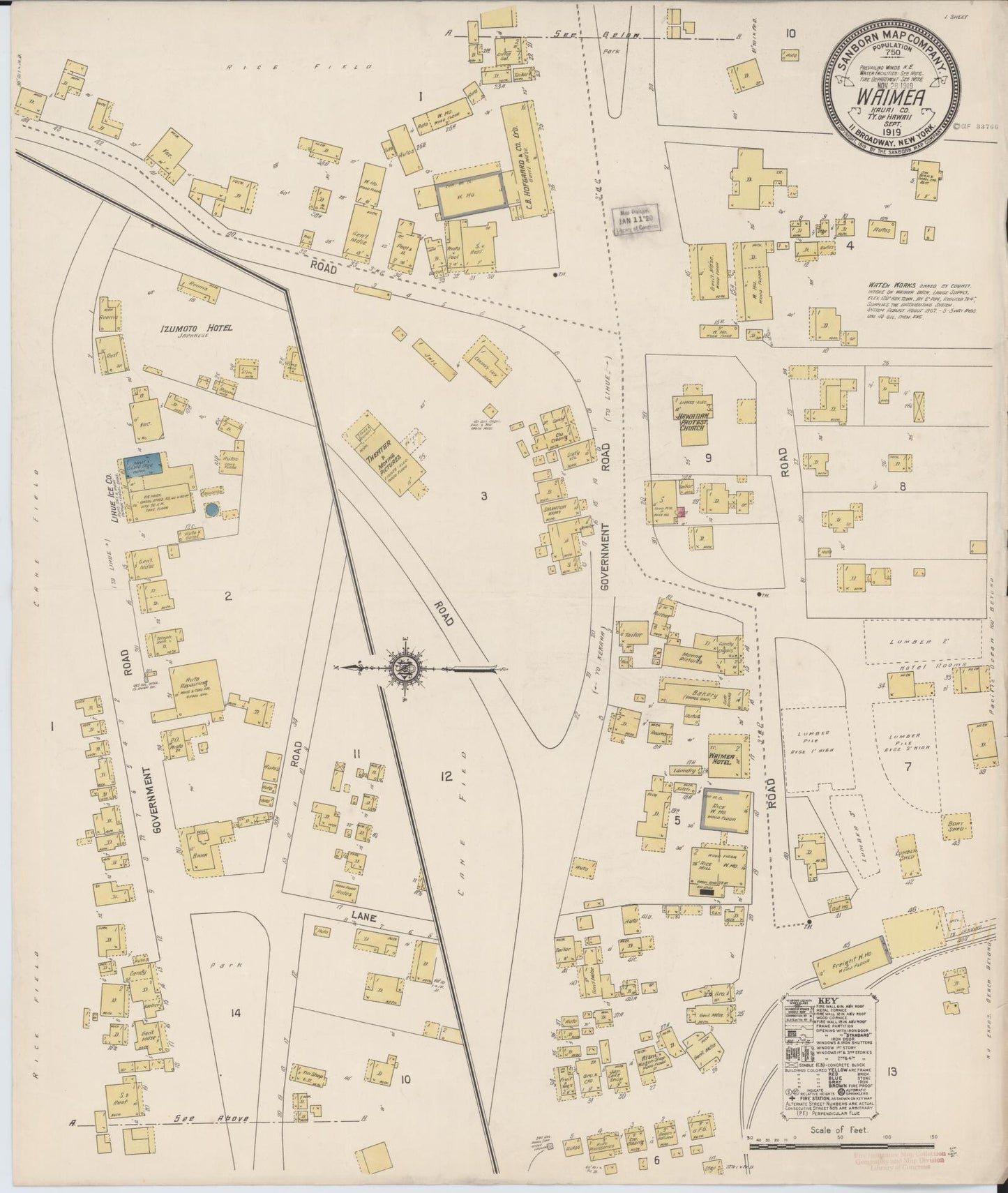 Sanborn Fire Insurance Map from Waimea, Kauai County, Hawaii (1919), Sheet #0001 - Historic Sanborn Fire Insurance Map Print, vintage old map wall art, antique decor, genealogy gift, Hawaii Hawaii map
