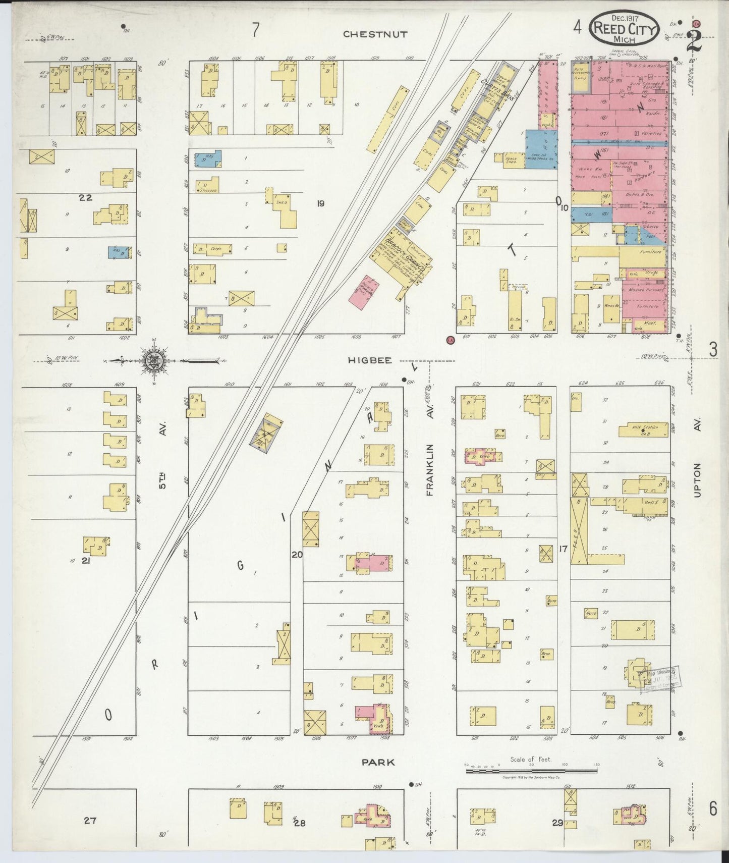 Sanborn Fire Insurance Map from Reed City, Osceola County, Michigan (1917), Sheet #0002 - Complete Map Set gallery image, historic Sanborn map, vintage wall art, Michigan Michigan