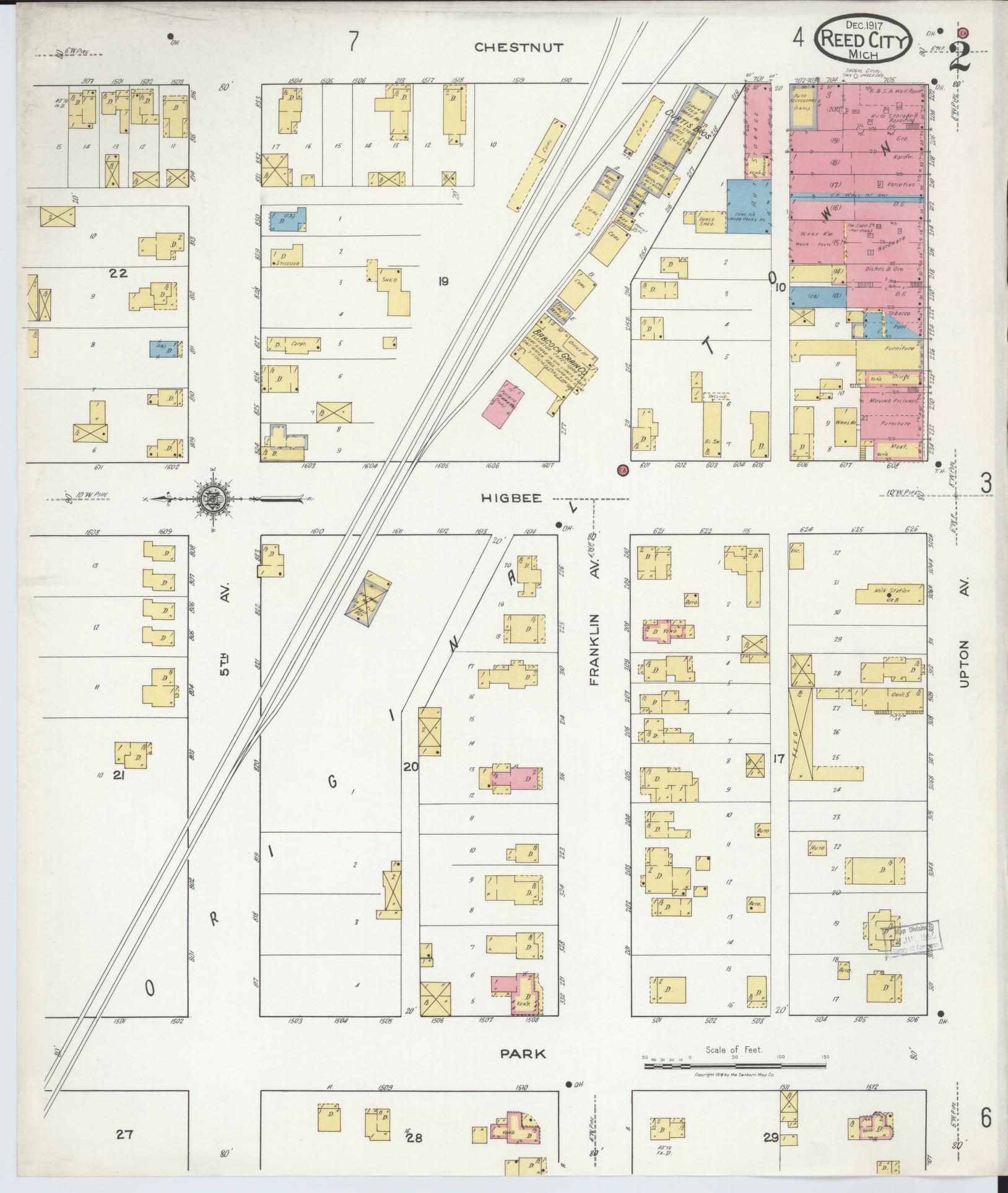Sanborn Fire Insurance Map from Reed City, Osceola County, Michigan (1917), Sheet #0002 - Complete Map Set gallery image, historic Sanborn map, vintage wall art, Michigan Michigan