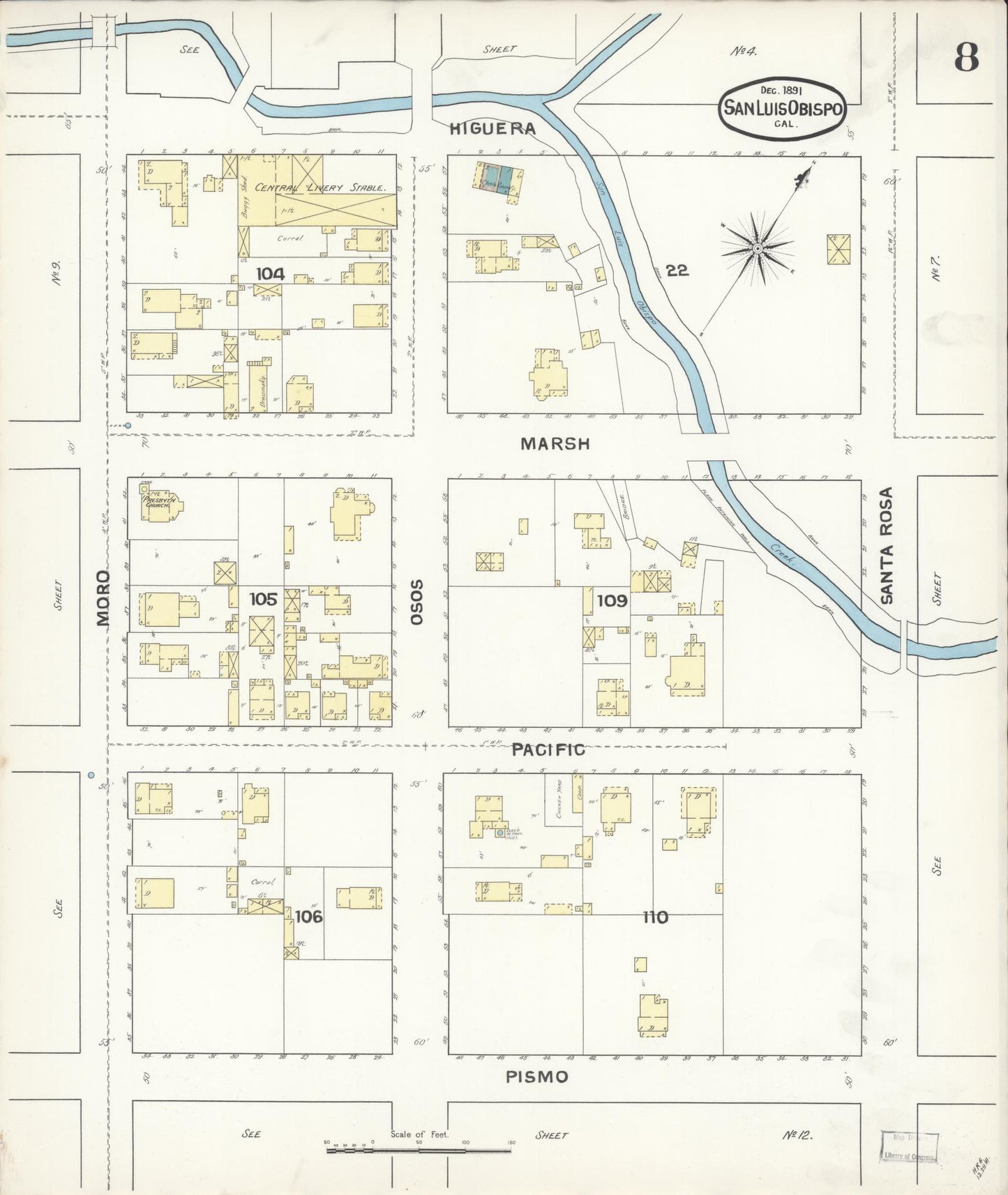 Sanborn Fire Insurance Map from San Luis Obispo, San Luis Obispo County, California (1891), Sheet #0008 - Complete Map Set gallery image, historic Sanborn map, vintage wall art, California California