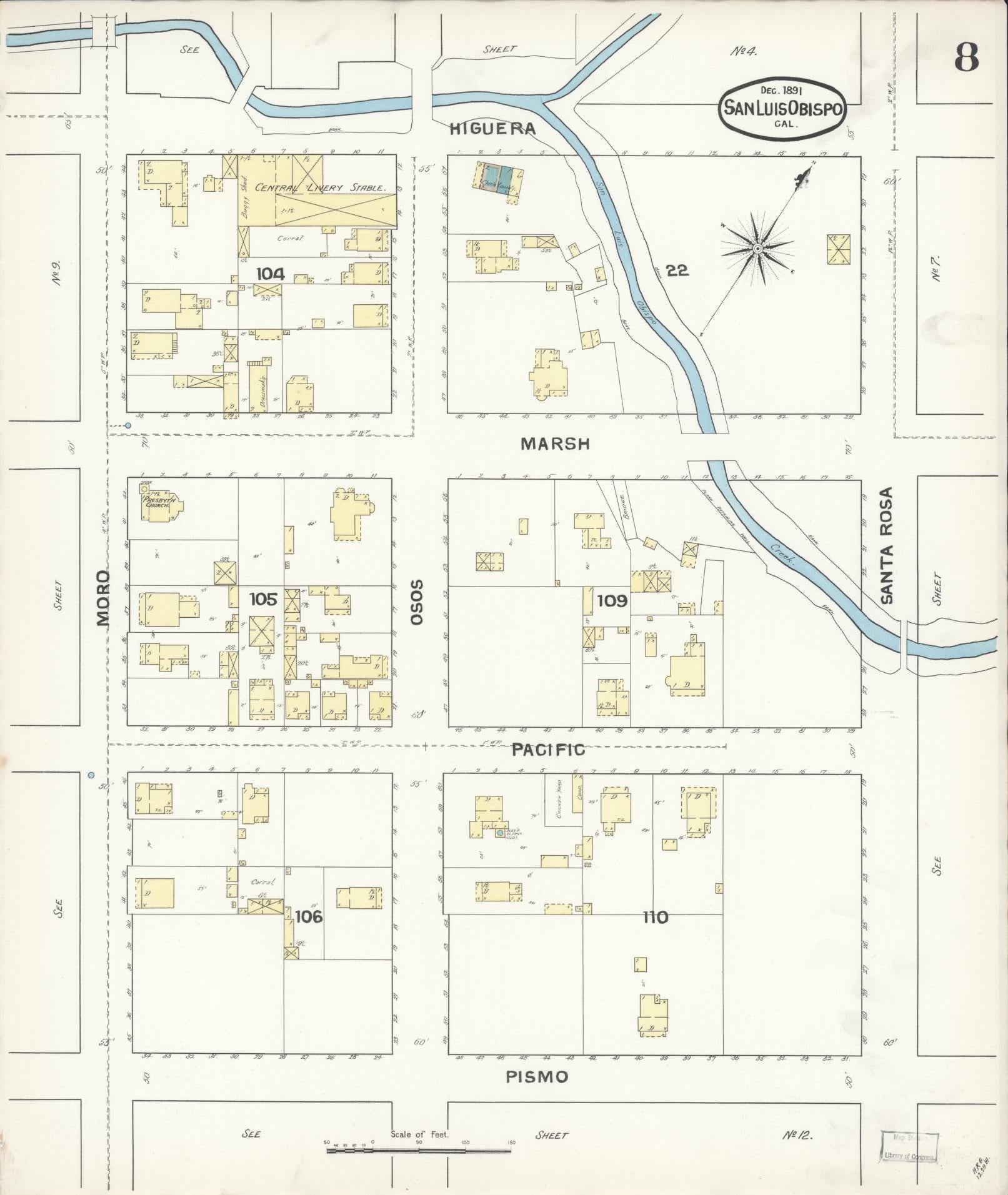 Sanborn Fire Insurance Map from San Luis Obispo, San Luis Obispo County, California (1891), Sheet #0008 - Complete Map Set gallery image, historic Sanborn map, vintage wall art, California California