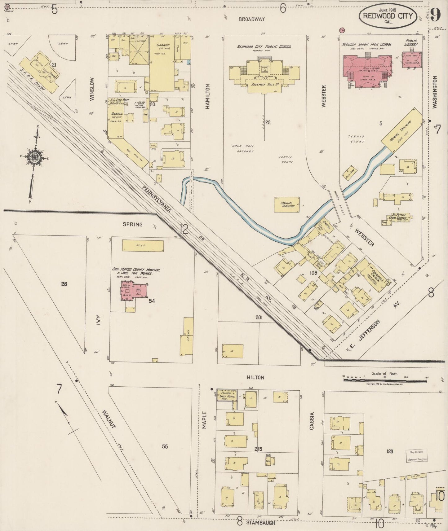 Sanborn Fire Insurance Map from Redwood City, San Mateo County, California (1919), Sheet #0009 - Complete Map Set gallery image, historic Sanborn map, vintage wall art, California California