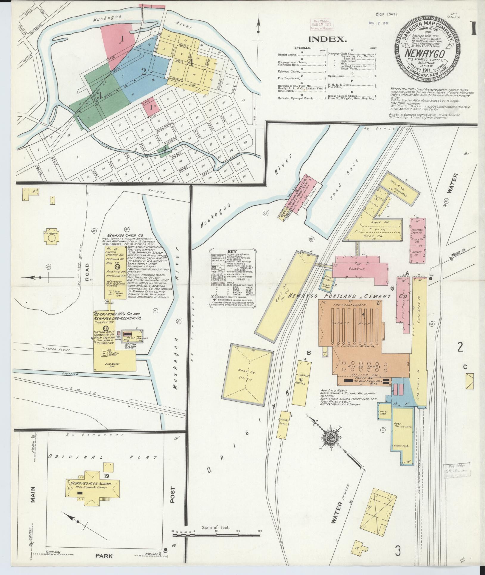 Sanborn Fire Insurance Map from Newaygo, Newaygo County, Michigan (1911), Sheet #0001 - Historic Sanborn Fire Insurance Map Print, vintage old map wall art, antique decor, genealogy gift, Michigan Michigan map