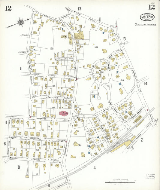 Sanborn Fire Insurance Map from Melrose, Middlesex County, Massachusetts (1923), Sheet #0012 - Historic Sanborn Fire Insurance Map Print, vintage old map wall art, antique decor, genealogy gift, Massachusetts Massachusetts map