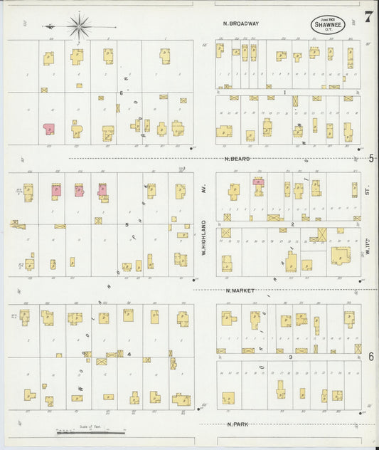Sanborn Fire Insurance Map from Shawnee, Pottawatomie County, Oklahoma (1901), Sheet #0007 - Historic Sanborn Fire Insurance Map Print, vintage old map wall art, antique decor, genealogy gift, Oklahoma Oklahoma map