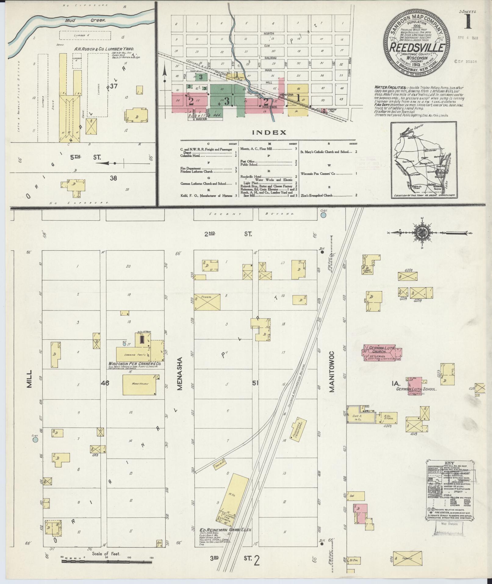 Sanborn Fire Insurance Map from Reedsville, Manitowoc County, Wisconsin (1913), Sheet #0001 - Historic Sanborn Fire Insurance Map Print, vintage old map wall art, antique decor, genealogy gift, Wisconsin Wisconsin map