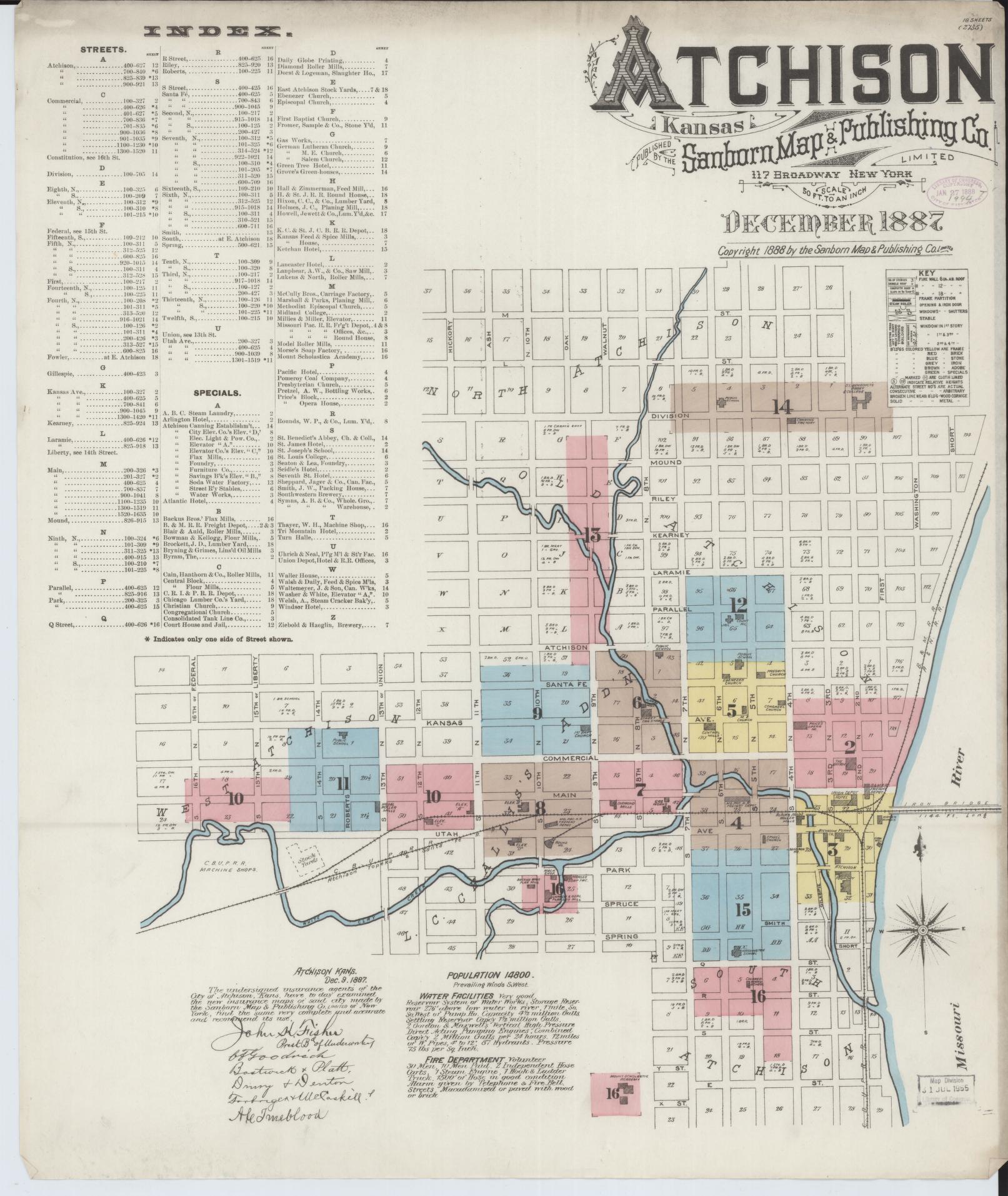 Sanborn Fire Insurance Map from Atchison, Atchison County, Kansas (1887), Sheet #0001 - Complete Map Set gallery image, historic Sanborn map, vintage wall art, Kansas Kansas
