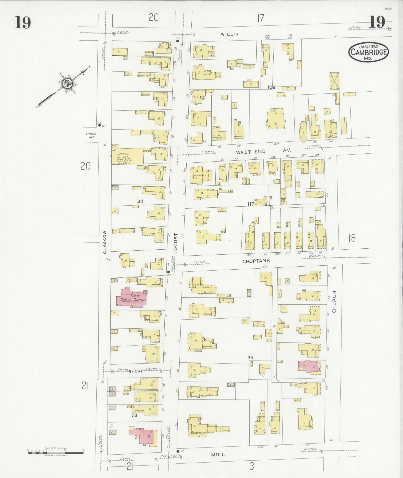Sanborn Fire Insurance Map from Cambridge, Dorchester County, Maryland (1930), Sheet #0019 - Complete Map Set gallery image, historic Sanborn map, vintage wall art, Maryland Maryland
