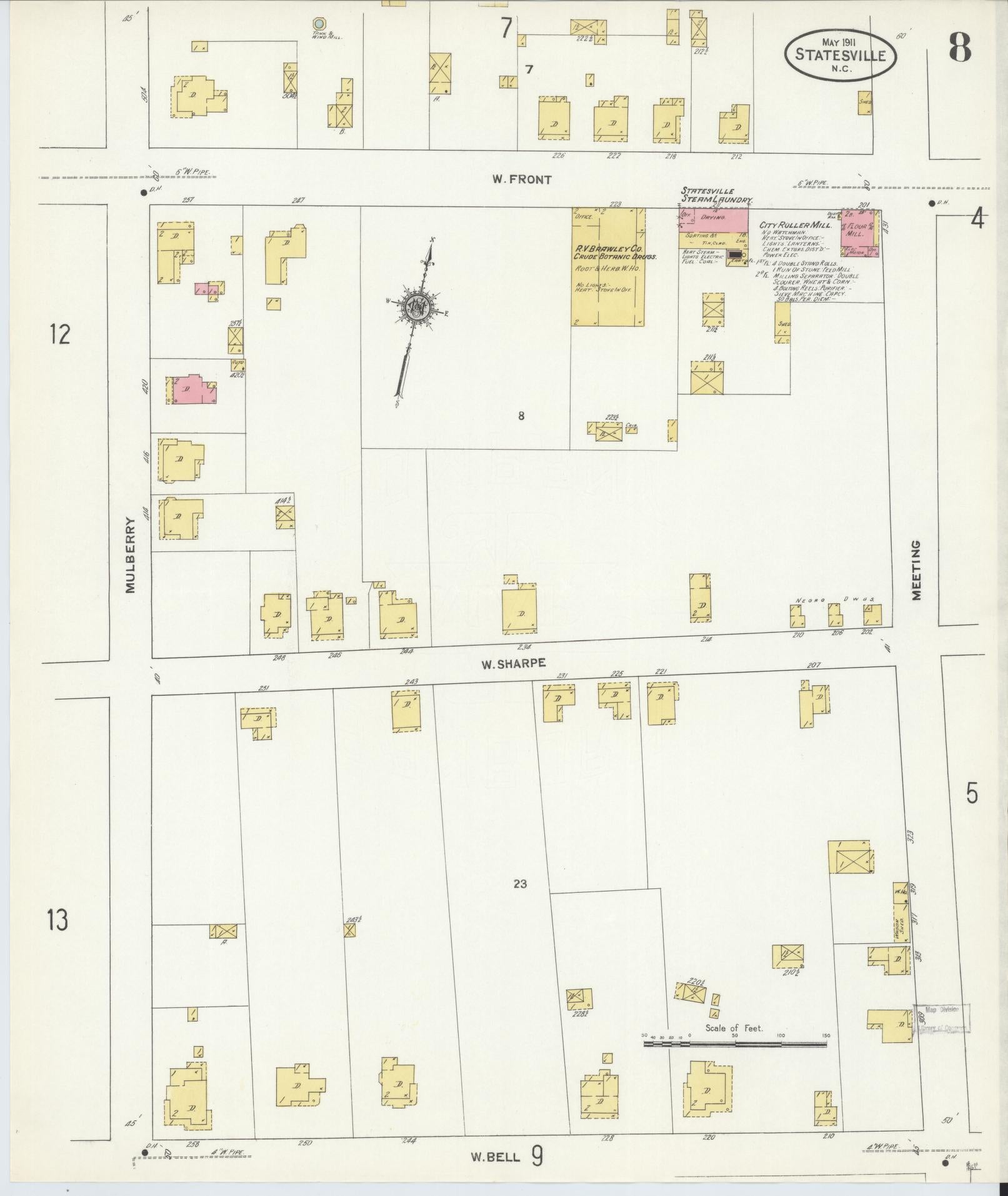Sanborn Fire Insurance Map from Statesville, Iredell County, North Carolina (1911), Sheet #0008 - Complete Map Set gallery image, historic Sanborn map, vintage wall art, North Carolina North Carolina