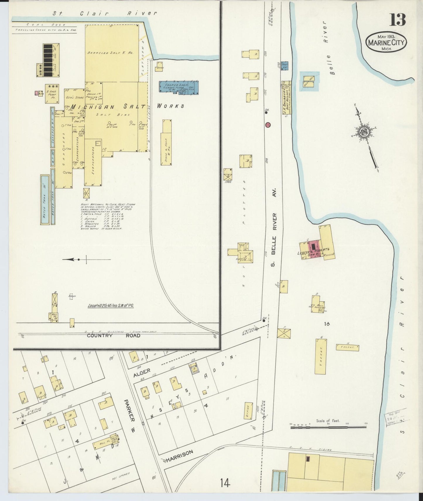 Sanborn Fire Insurance Map from Marine City, Saint Clair County, Michigan (1913), Sheet #0013 - Complete Map Set gallery image, historic Sanborn map, vintage wall art, Michigan Michigan