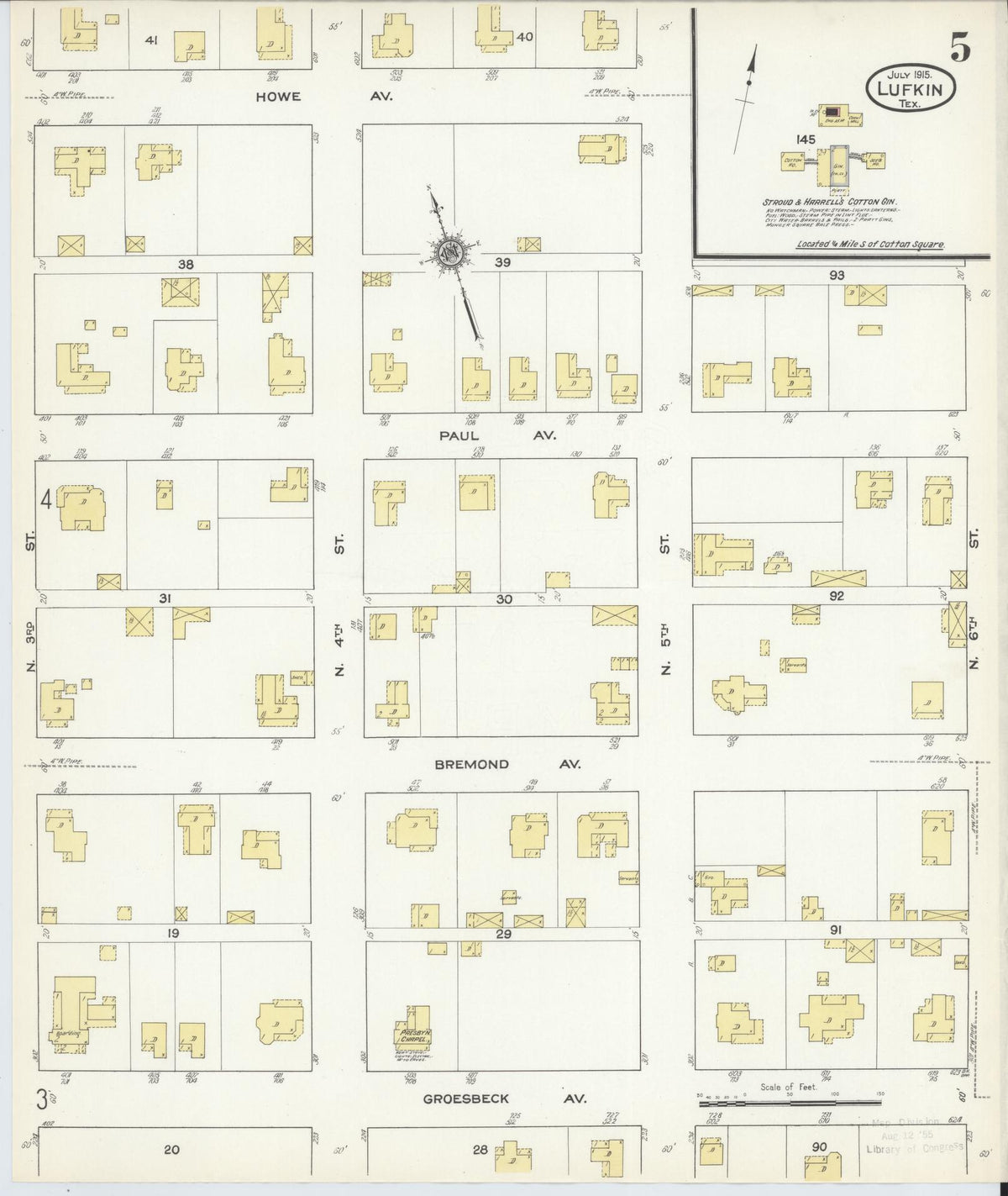 Sanborn Fire Insurance Map from Lufkin, Angelina County, Texas (1915), Sheet #0005 - Complete Map Set gallery image, historic Sanborn map, vintage wall art, Texas Texas