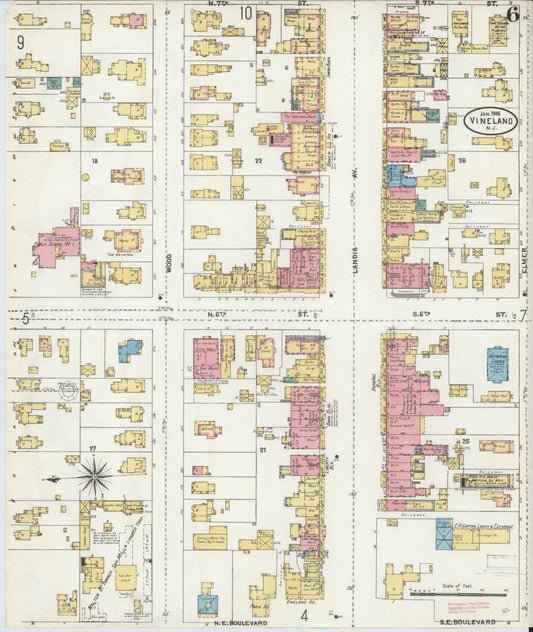 Sanborn Fire Insurance Map from Vineland, Cumberland County, New Jersey (1906), Sheet #0006 - Historic Sanborn Fire Insurance Map Print, vintage old map wall art, antique decor, genealogy gift, New Jersey New Jersey map