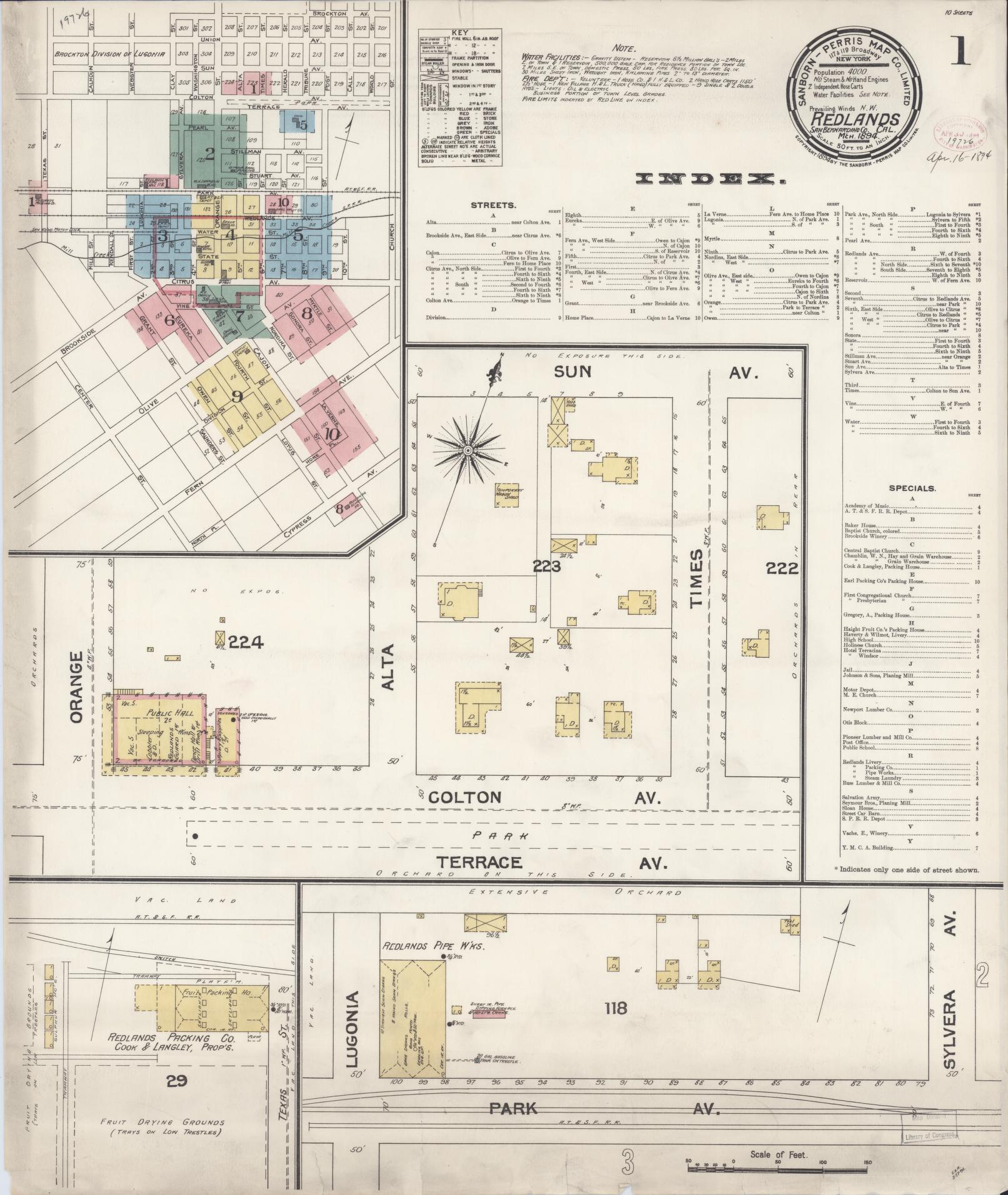 Sanborn Fire Insurance Map from Redlands, San Bernardino County, California (1894), Sheet #0001 - Complete Map Set gallery image, historic Sanborn map, vintage wall art, California California