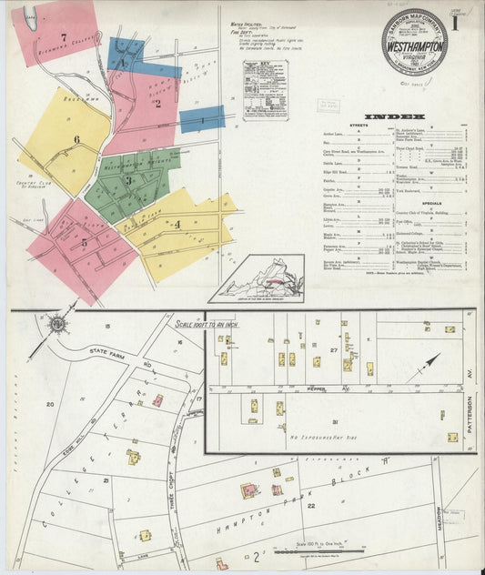 Sanborn Fire Insurance Map from Westhampton, Henrico County, Virginia (1921), Sheet #0001 - Complete Map Set gallery image, historic Sanborn map, vintage wall art, Virginia Virginia