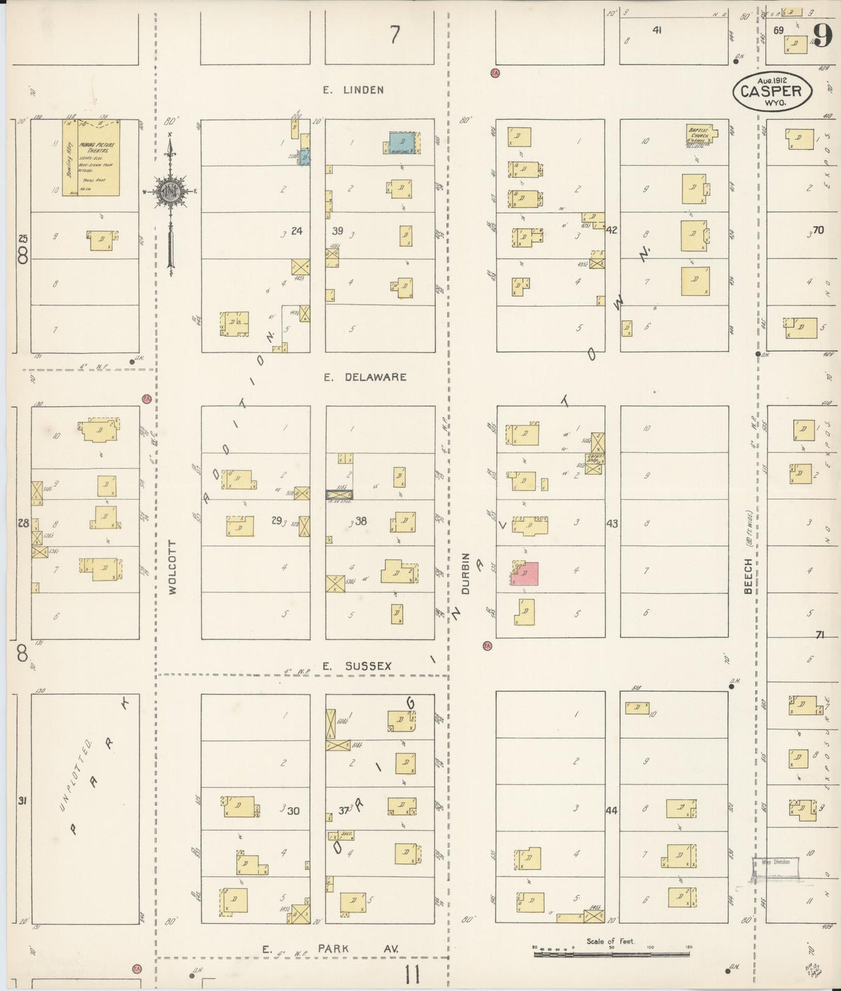 Sanborn Fire Insurance Map from Casper, Natrona County, Wyoming (1912), Sheet #0009 - Historic Sanborn Fire Insurance Map Print, vintage old map wall art, antique decor, genealogy gift, Wyoming Wyoming map