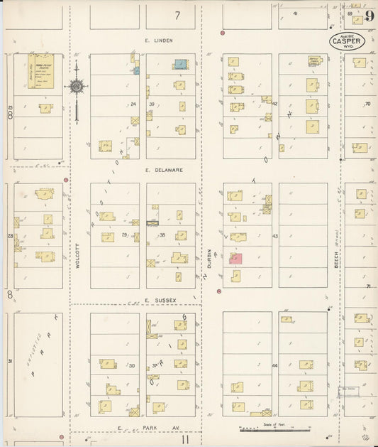 Sanborn Fire Insurance Map from Casper, Natrona County, Wyoming (1912), Sheet #0009 - Historic Sanborn Fire Insurance Map Print, vintage old map wall art, antique decor, genealogy gift, Wyoming Wyoming map