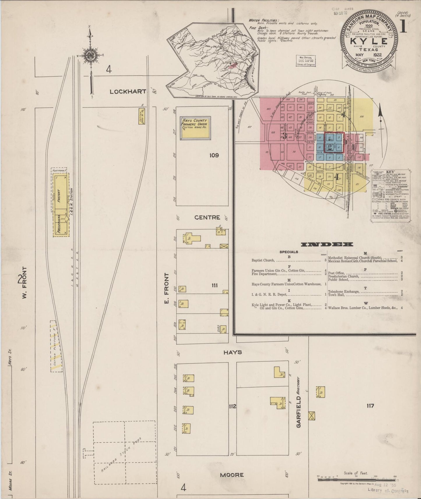 Sanborn Fire Insurance Map from Kyle, Hays County, Texas (1922), Sheet #0001 - Historic Sanborn Fire Insurance Map Print, vintage old map wall art, antique decor, genealogy gift, Texas Texas map