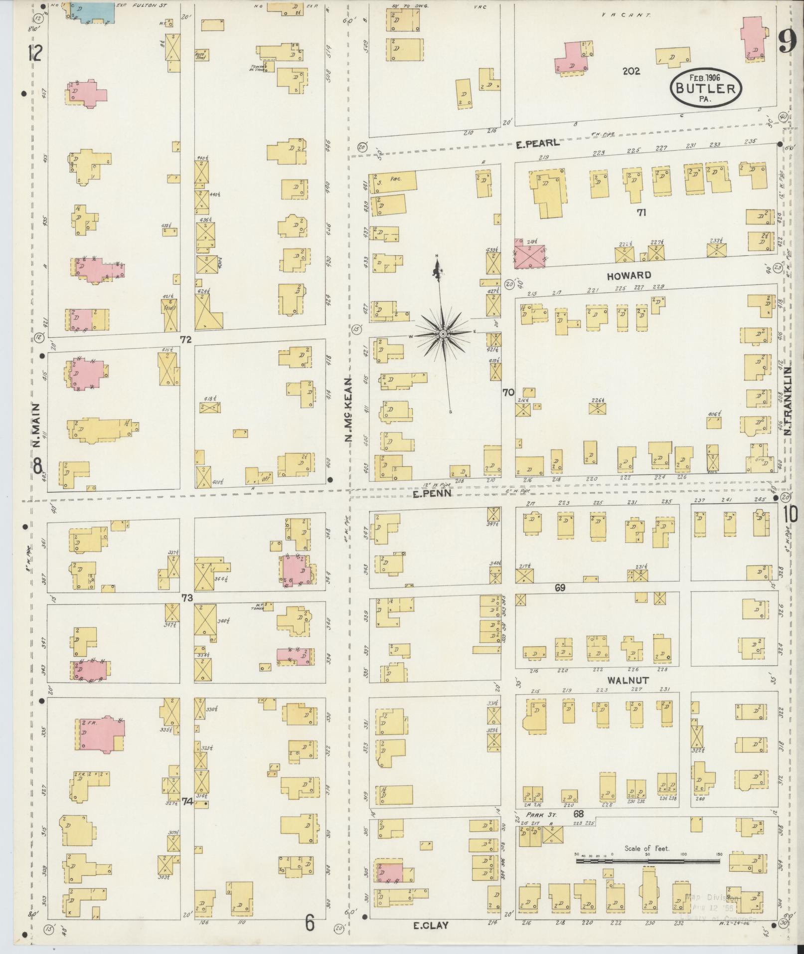 Sanborn Fire Insurance Map from Butler, Butler County, Pennsylvania (1906), Sheet #0009 - Historic Sanborn Fire Insurance Map Print, vintage old map wall art, antique decor, genealogy gift, Pennsylvania Pennsylvania map
