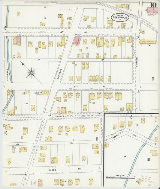 Sanborn Fire Insurance Map from Coraopolis, Allegheny County, Pennsylvania (1906), Sheet #0010 - Historic Sanborn Fire Insurance Map Print, vintage old map wall art, antique decor, genealogy gift, Pennsylvania Pennsylvania map