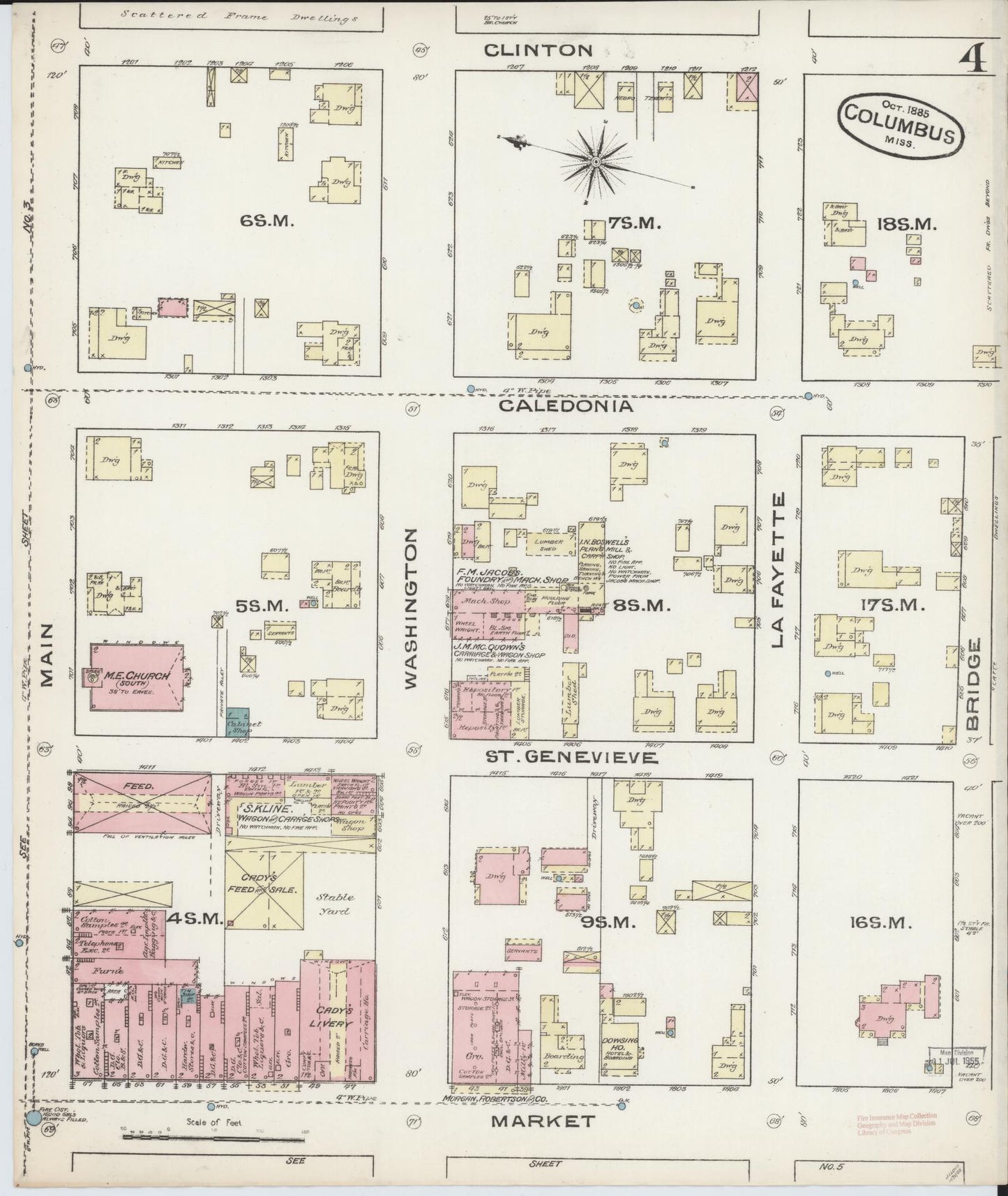 Sanborn Fire Insurance Map from Columbus, Lowndes County, Mississippi (1885), Sheet #0004 - Complete Map Set gallery image, historic Sanborn map, vintage wall art, Mississippi Mississippi
