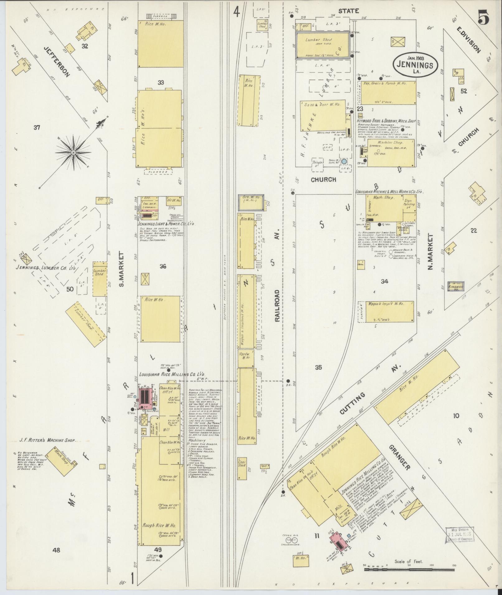 Sanborn Fire Insurance Map from Jennings, Jefferson Davis Parish, Louisiana (1903), Sheet #0005 - Historic Sanborn Fire Insurance Map Print, vintage old map wall art, antique decor, genealogy gift, Louisiana Louisiana map