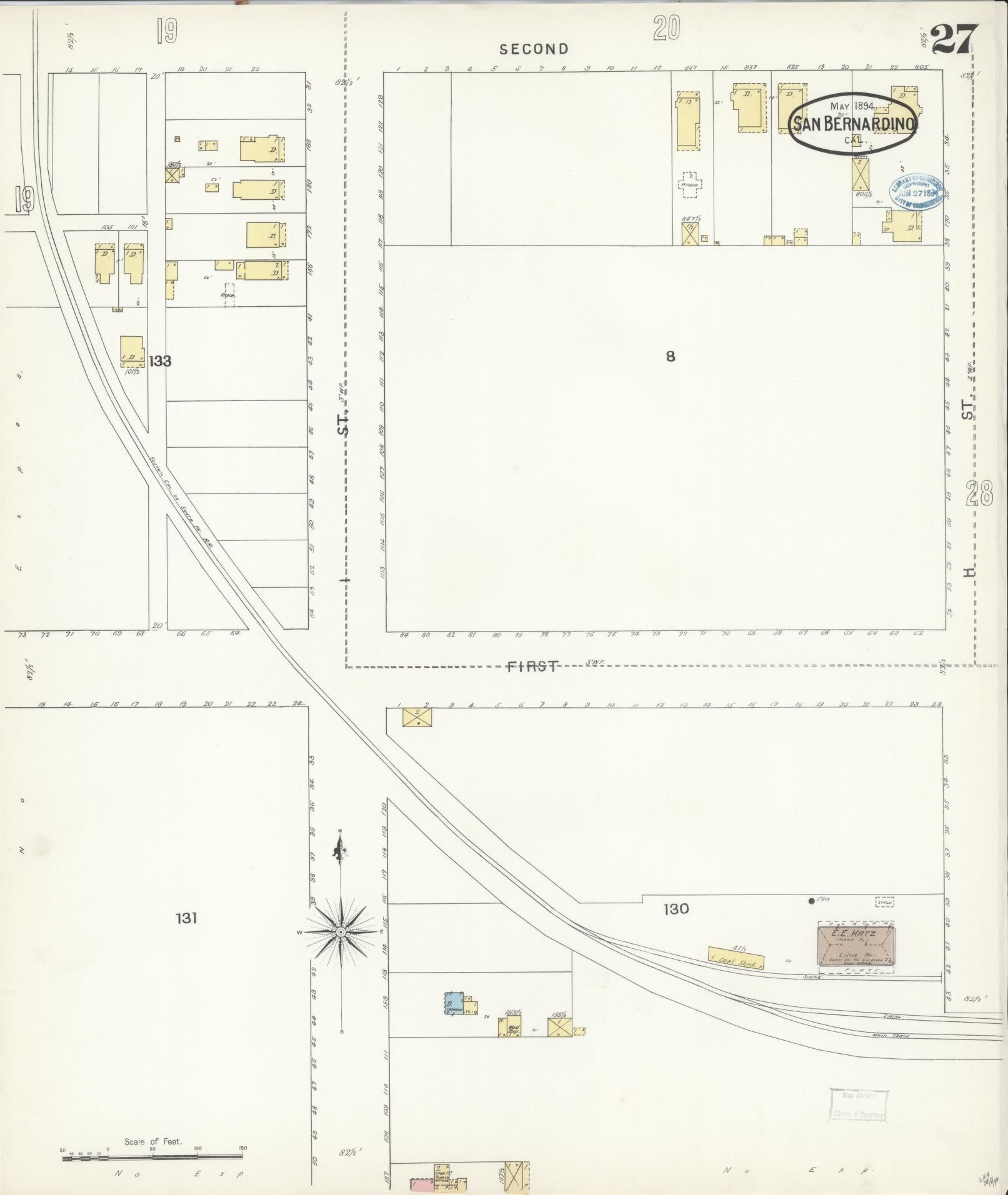 Sanborn Fire Insurance Map from San Bernardino, San Bernardino County, California (1894), Sheet #0027 - Complete Map Set gallery image, historic Sanborn map, vintage wall art, California California