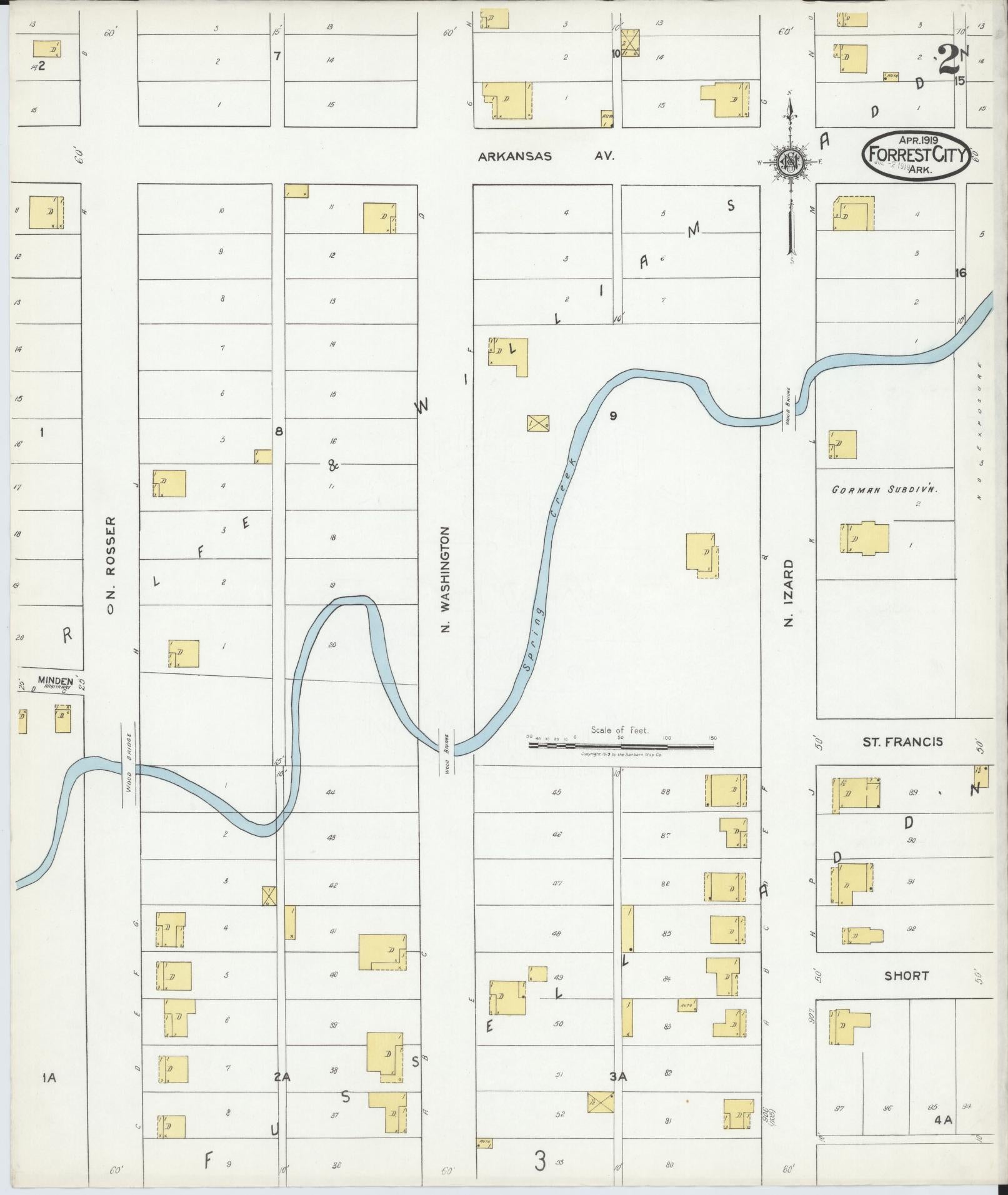 Sanborn Fire Insurance Map from Forrest City, Saint Francis County, Arkansas (1919), Sheet #0002 - Historic Sanborn Fire Insurance Map Print, vintage old map wall art, antique decor, genealogy gift, Arkansas Arkansas map