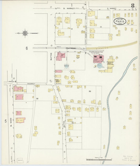 Sanborn Fire Insurance Map from Paris, Henry County, Tennessee (1913), Sheet #0008 - Historic Sanborn Fire Insurance Map Print, vintage old map wall art, antique decor, genealogy gift, Tennessee Tennessee map