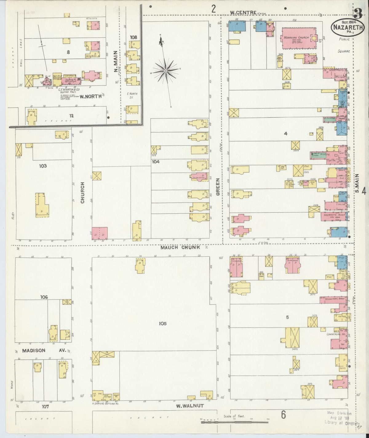 Sanborn Fire Insurance Map from Nazareth, Northampton County, Pennsylvania (1904), Sheet #0003 - Historic Sanborn Fire Insurance Map Print, vintage old map wall art, antique decor, genealogy gift, Pennsylvania Pennsylvania map
