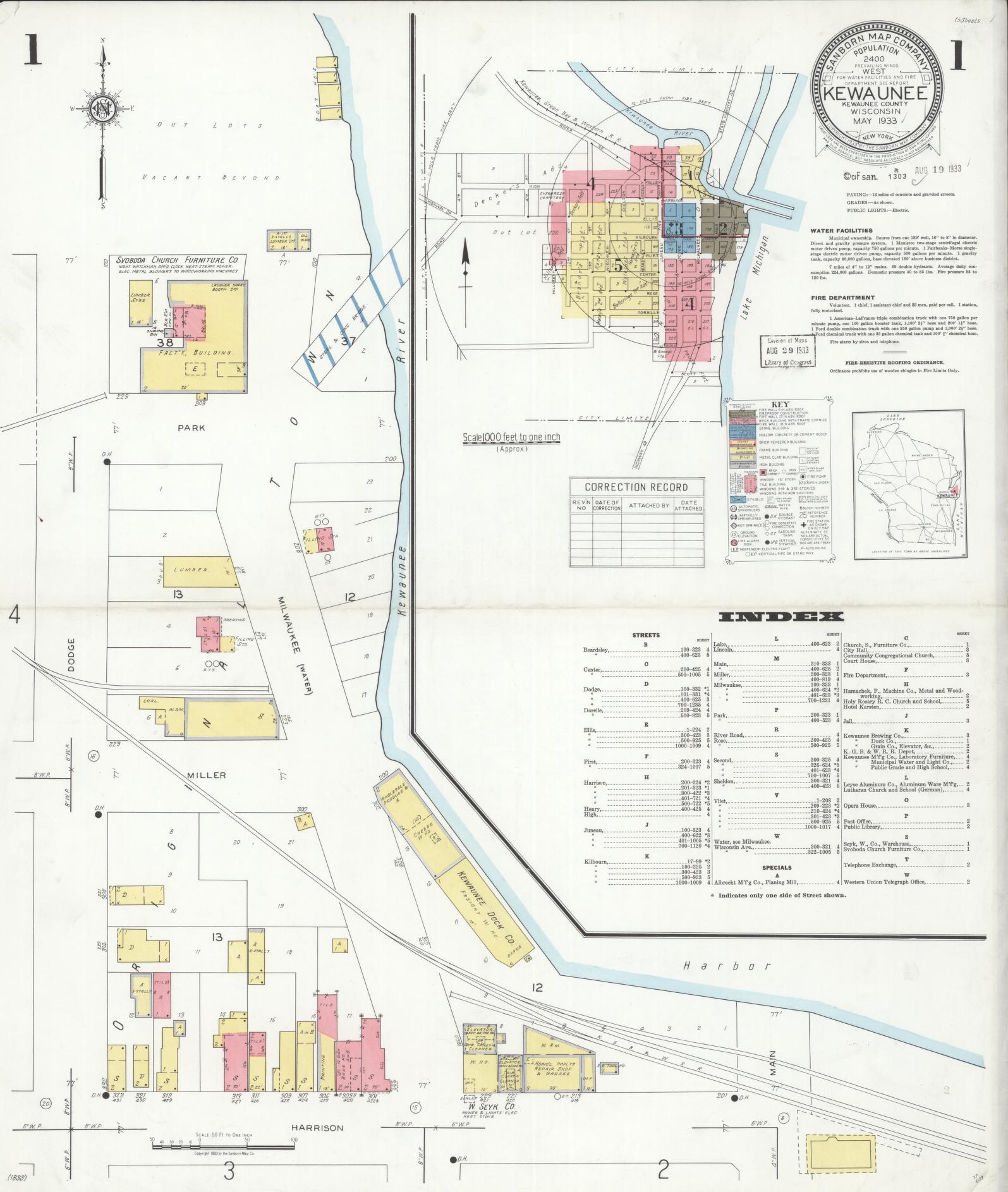 Sanborn Fire Insurance Map from Kewaunee, Kewaunee County, Wisconsin (1933), Sheet #0001 - Complete Map Set gallery image, historic Sanborn map, vintage wall art, Wisconsin Wisconsin