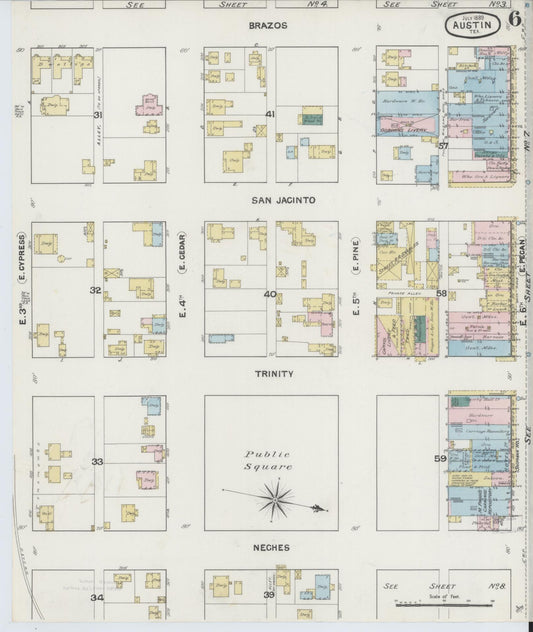 Sanborn Fire Insurance Map from Austin, Travis County, Texas (1889), Sheet #0006 - Historic Sanborn Fire Insurance Map Print, vintage old map wall art, antique decor, genealogy gift, Texas Texas map
