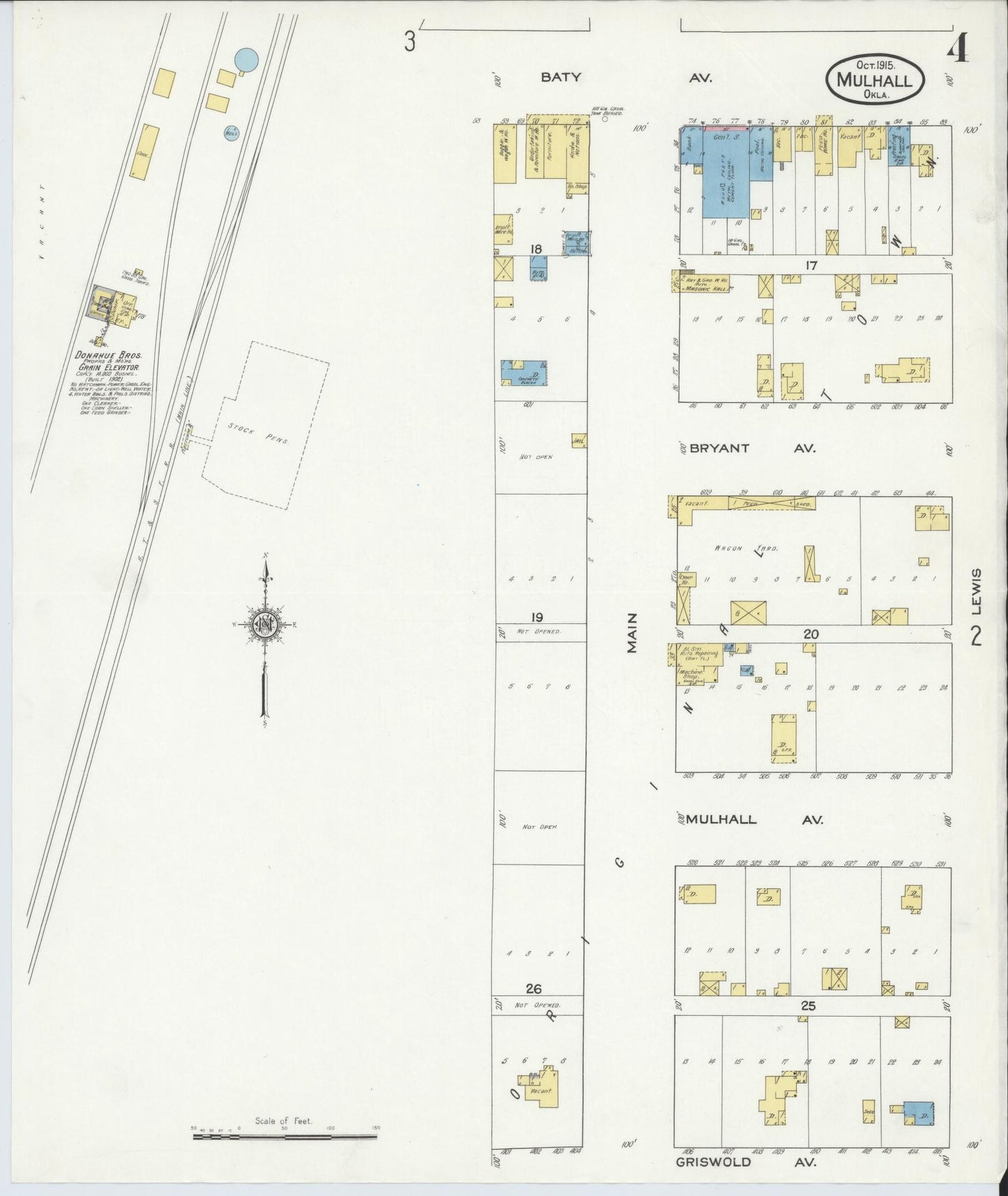 Sanborn Fire Insurance Map from Mulhall, Logan County, Oklahoma (1915), Sheet #0004 - Historic Sanborn Fire Insurance Map Print, vintage old map wall art, antique decor, genealogy gift, Oklahoma Oklahoma map