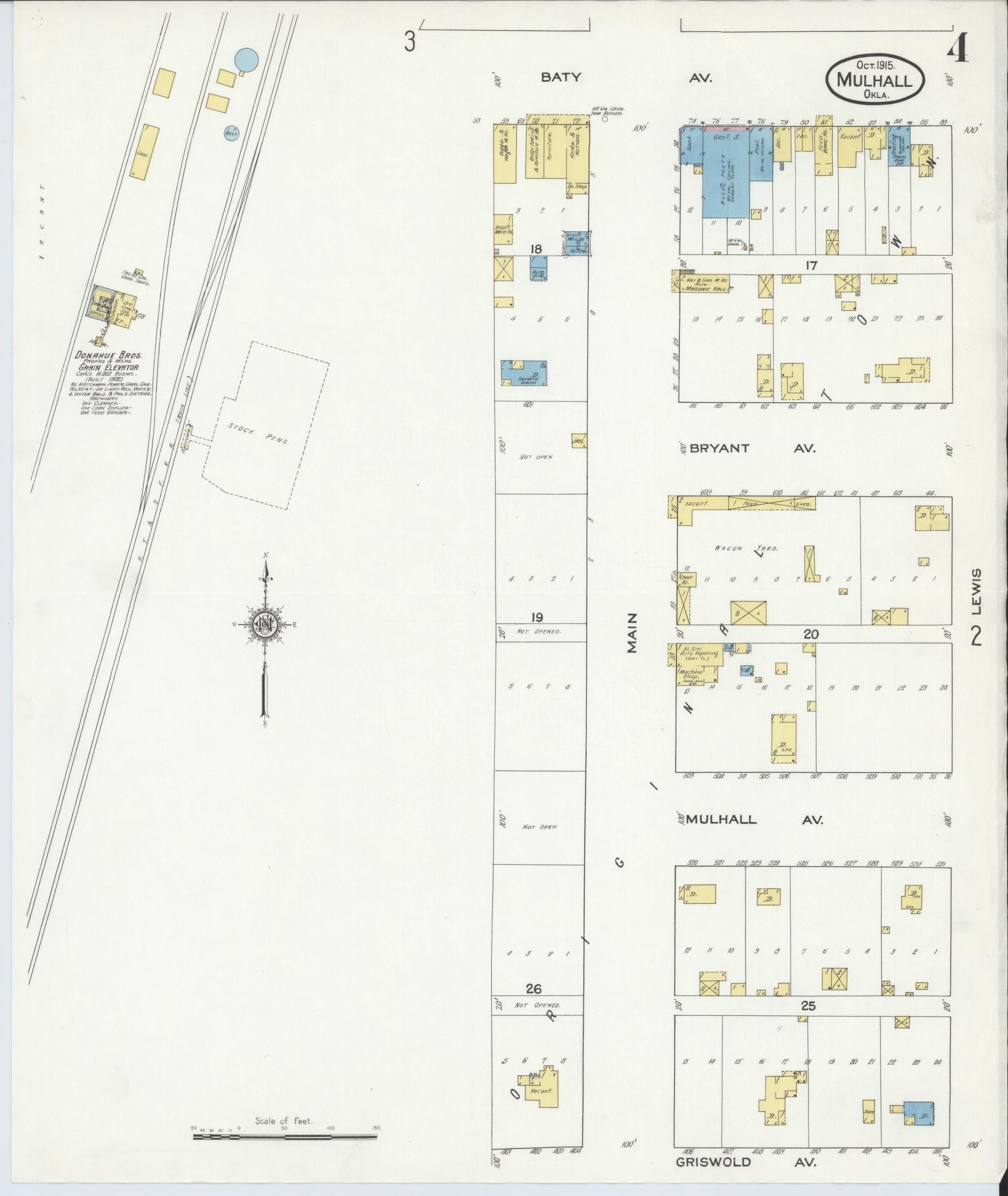 Sanborn Fire Insurance Map from Mulhall, Logan County, Oklahoma (1915), Sheet #0004 - Historic Sanborn Fire Insurance Map Print, vintage old map wall art, antique decor, genealogy gift, Oklahoma Oklahoma map