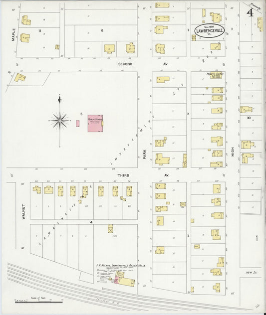 Sanborn Fire Insurance Map from Lawrenceville, Brunswick County, Virginia (1907), Sheet #0004 - Historic Sanborn Fire Insurance Map Print, vintage old map wall art, antique decor, genealogy gift, Virginia Virginia map
