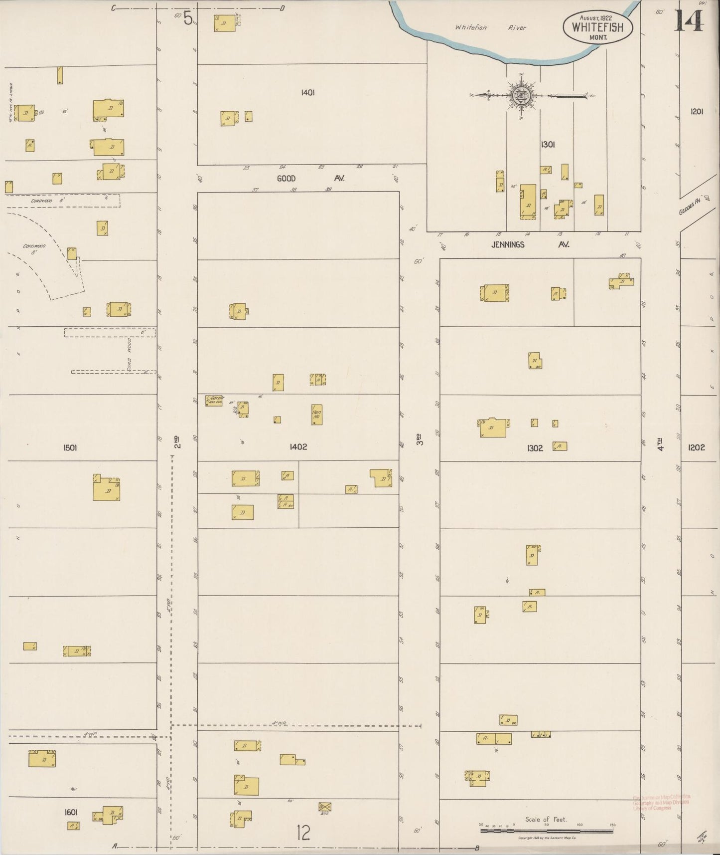 Sanborn Fire Insurance Map from Whitefish, Flathead County, Montana (1922), Sheet #0014 - Historic Sanborn Fire Insurance Map Print, vintage old map wall art, antique decor, genealogy gift, Montana Montana map