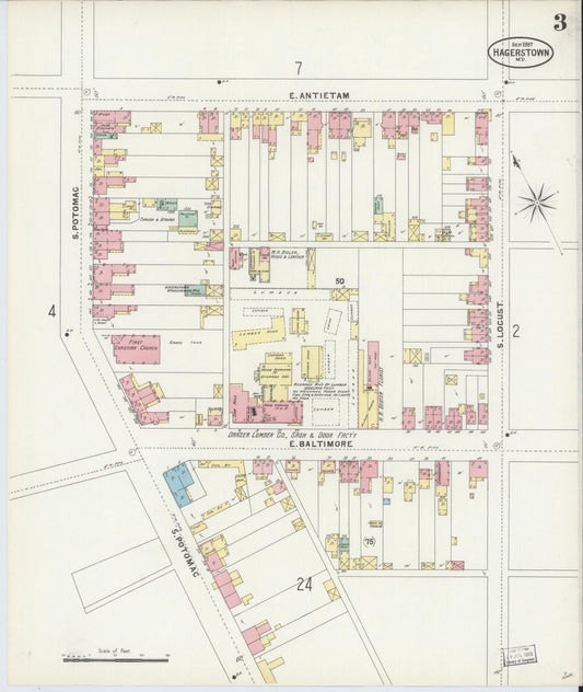Sanborn Fire Insurance Map from Hagerstown, Washington County, Maryland (1897), Sheet #0003 - Historic Sanborn Fire Insurance Map Print, vintage old map wall art, antique decor, genealogy gift, Maryland Maryland map
