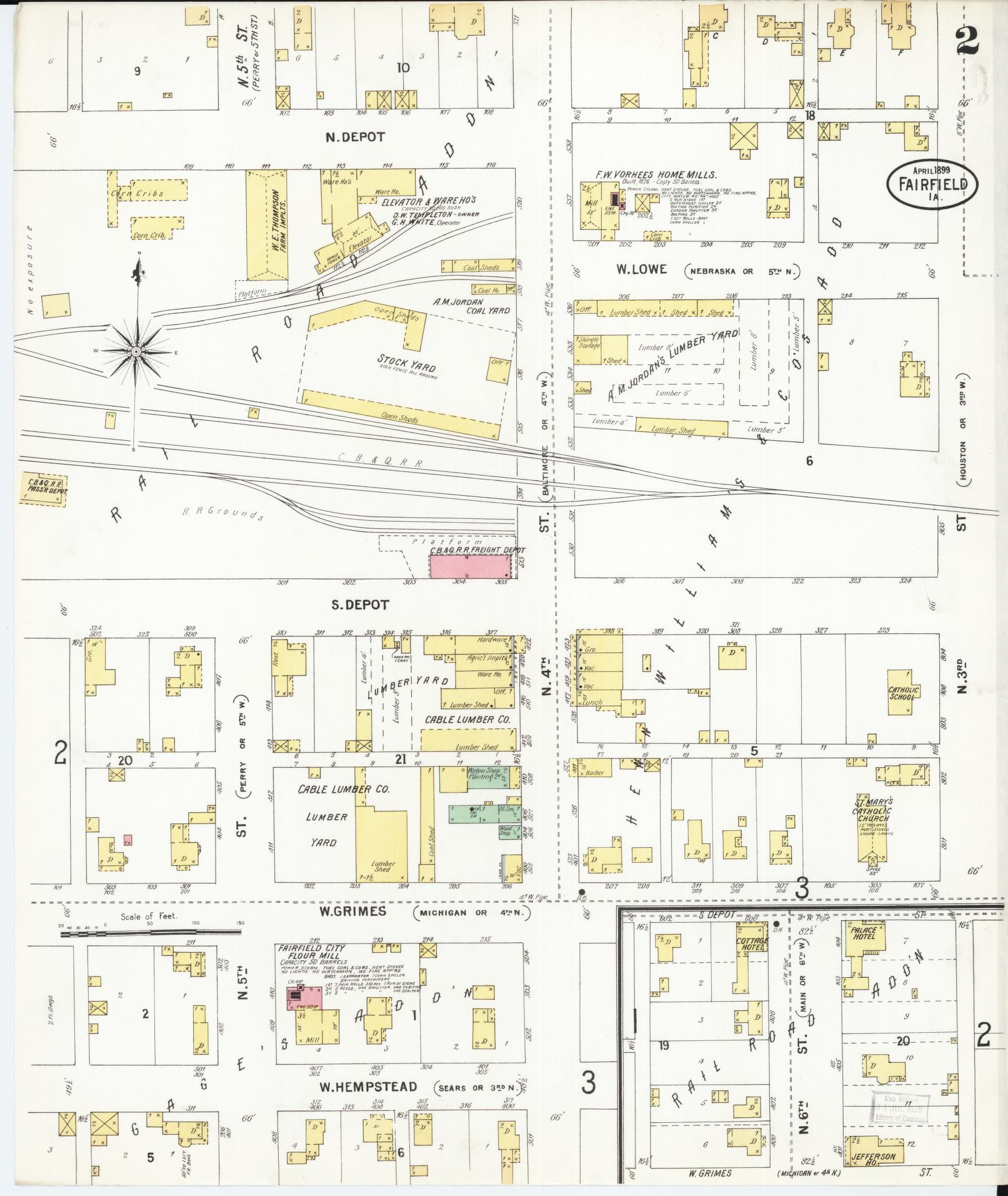 Sanborn Fire Insurance Map from Fairfield, Jefferson County, Iowa (1899), Sheet #0002 - Historic Sanborn Fire Insurance Map Print, vintage old map wall art