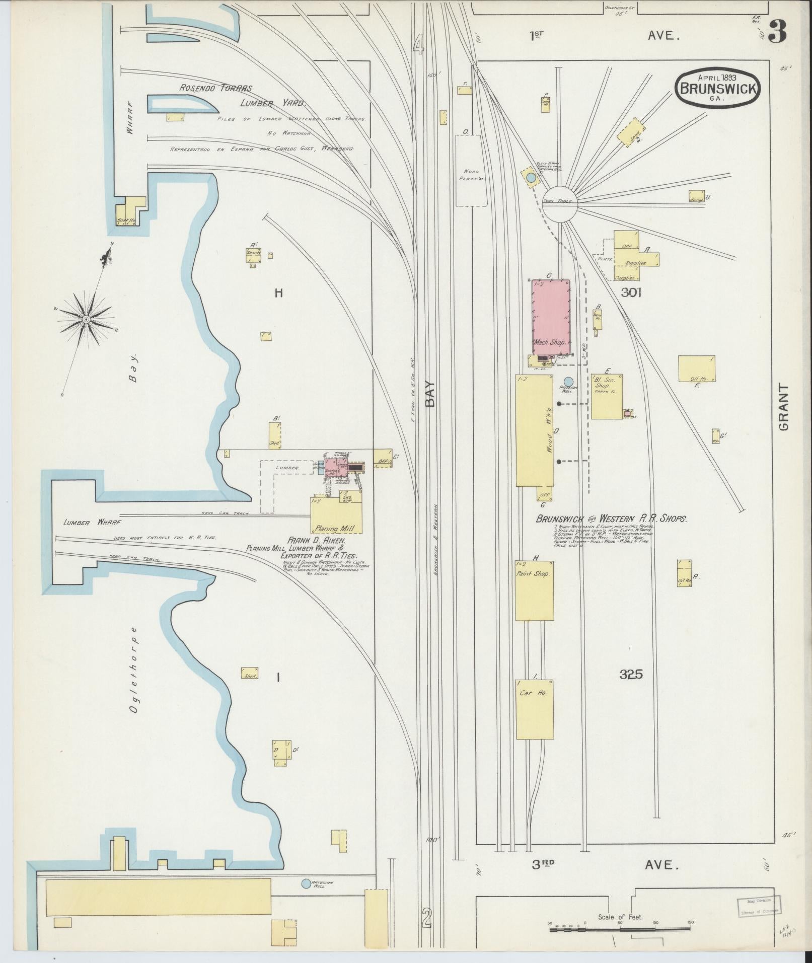 Sanborn Fire Insurance Map from Brunswick, Glynn County, Georgia (1893), Sheet #0003 - Complete Map Set gallery image, historic Sanborn map, vintage wall art, Georgia Georgia