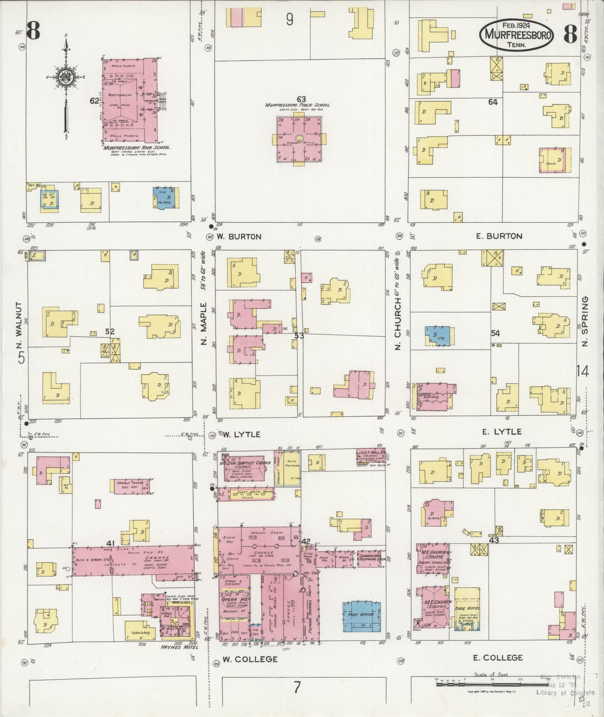 Sanborn Fire Insurance Map from Murfreesboro, Rutherford County, Tennessee (1924), Sheet #0008 - Complete Map Set gallery image, historic Sanborn map, vintage wall art, Tennessee Tennessee